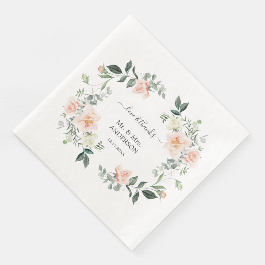 Serviette En Papier Mariage Aquarelle Bleu Fleurs Blanches (Coin)