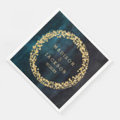 Serviette En Papier Mariage Aquarelle Bleu Nuit et Confettis Dorés (Coin)