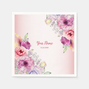 Serviette En Papier Mariage Aquarelle Dorée Fleurie Pêche Colorée