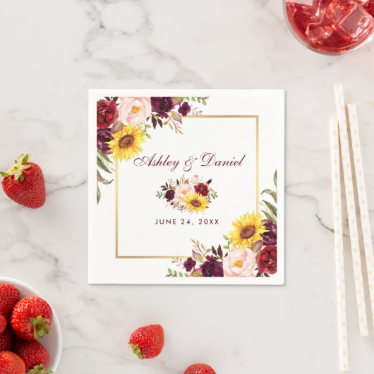 Serviette En Papier Mariage Aquarelle Floral Gold Frame (En situation)