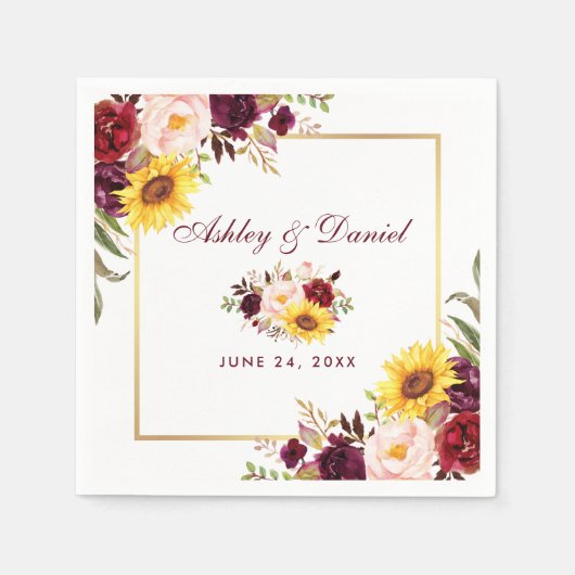 Serviette En Papier Mariage Aquarelle Floral Gold Frame (Devant)