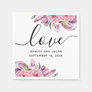 Serviette En Papier Mariage aquarelle rose bohème floral et plumes