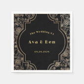 Serviette En Papier Mariage Art Déco Fleurs d'or Noir (Devant)