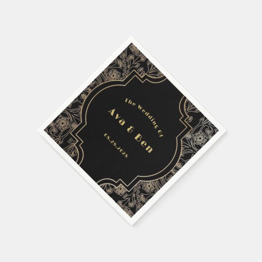 Serviette En Papier Mariage Art Déco Fleurs d'or Noir (Coin)