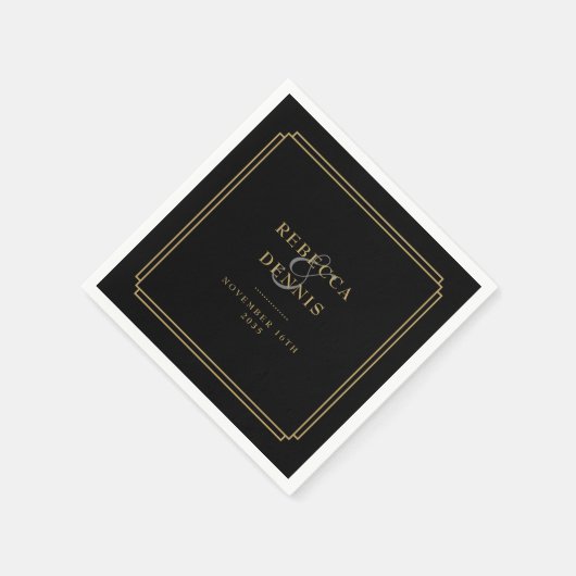Serviette En Papier Mariage Art Déco Noir Et Or (Coin)