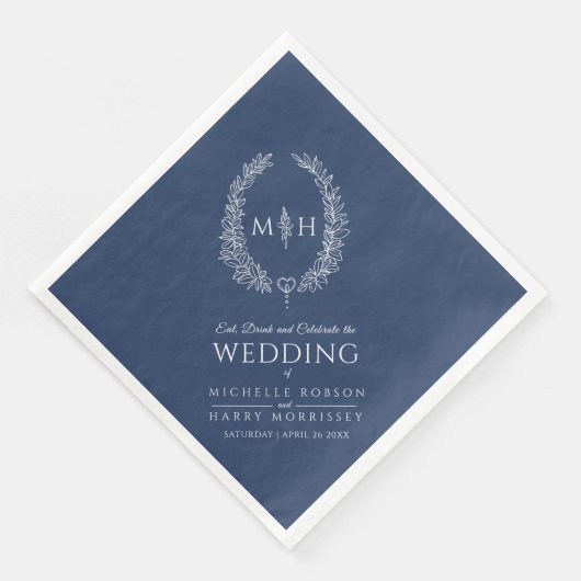 Serviette En Papier Mariage art monogramme ovale feuille blanc bleu fo (Coin)