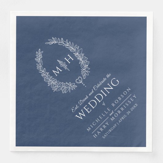 Serviette En Papier Mariage art monogramme ovale feuille blanc bleu fo (Devant)