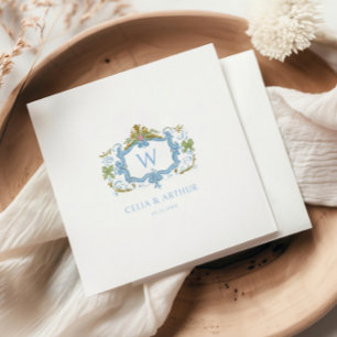 Serviette En Papier Mariage au blason monogramme bleu rococo
