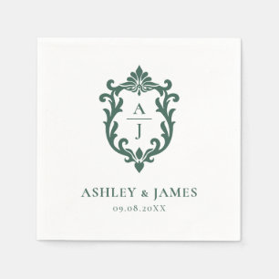 Serviette En Papier Mariage au blason orné vintage vert