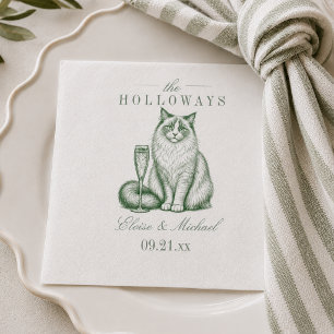 Serviette En Papier Mariage au Champagne avec un Chat Ragdoll Vert Sau