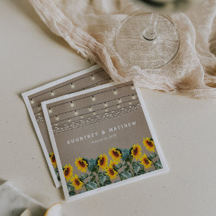 Serviette En Papier Mariage au Jardin Rustique avec Tournesols et Guir