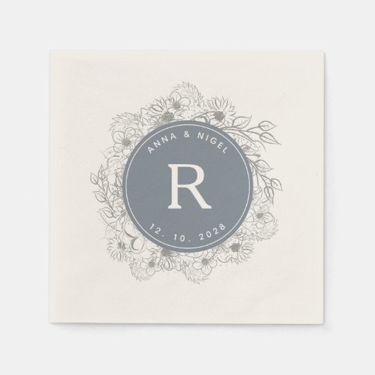 Serviette En Papier Mariage au Monogramme Bleu Poussiéreux (Devant)