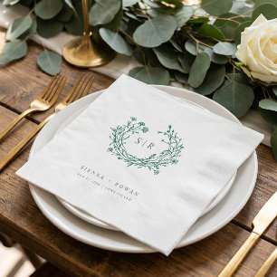 Serviette En Papier Mariage au monogramme orné bohème émeraude