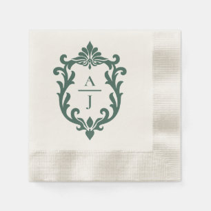 Serviette En Papier Mariage au Vert Sage Vintage Orné Blason