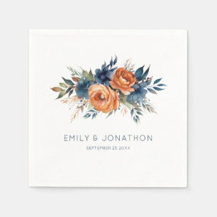 Serviette En Papier Mariage aux Florales Orange Brûlé et Navy