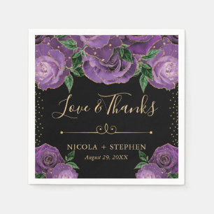 Serviette En Papier Mariage aux Roses Glam Or et Violet Aquarelle
