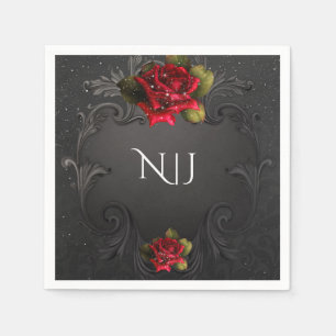 Serviette En Papier Mariage aux Roses Rouges Ornementales Vintage Noir