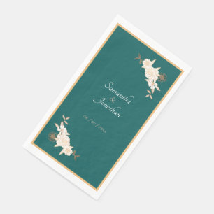Serviette En Papier Mariage avec des roses crème sur fond vert foncé