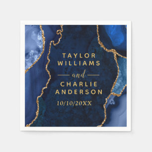 Serviette En Papier Mariage avec un marbre agate doré et bleu marine
