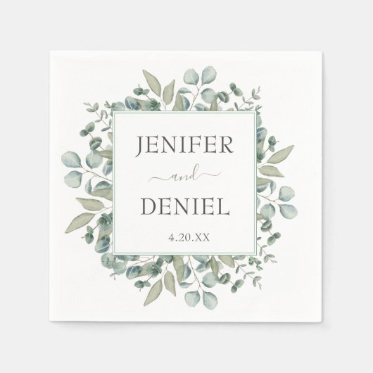 Serviette En Papier Mariage avec verdure d'eucalyptus (Devant)