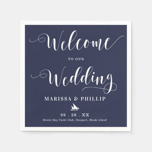Serviette En Papier Mariage Bienvenue manuscrit Nautique bleu marine (Devant)