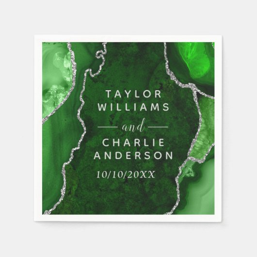 Serviette En Papier Mariage Bille d'Agate Verte et Argentée (Devant)