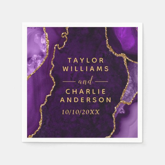 Serviette En Papier Mariage Bille d'agate violette et dorée (Devant)