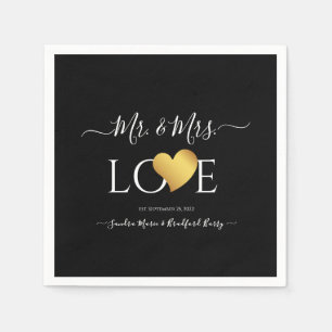 Serviette En Papier Mariage Black Gold Heart Nom du script Mr et Mrs.
