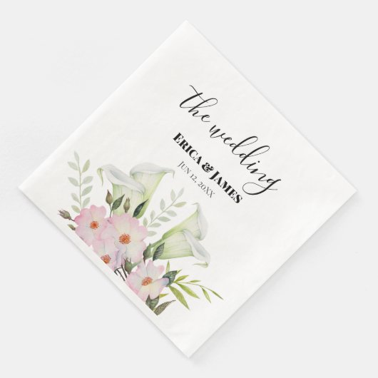 Serviette En Papier Mariage blanc doux Calla Lily Rose Aquarelle F (Coin)