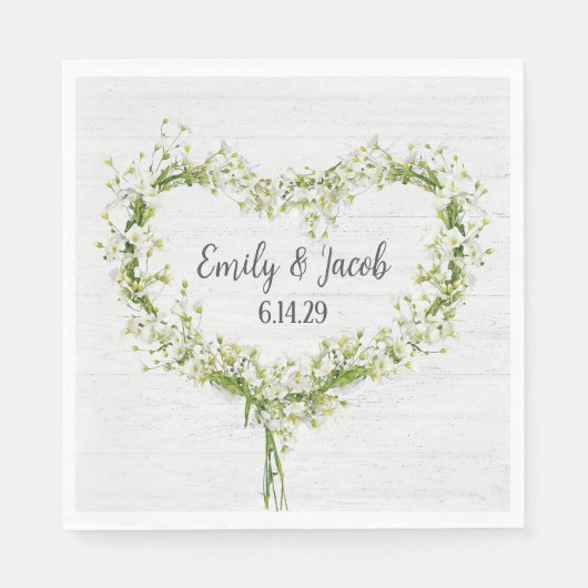 Serviette En Papier Mariage blanc Lily Coeur sur le bois (Devant)