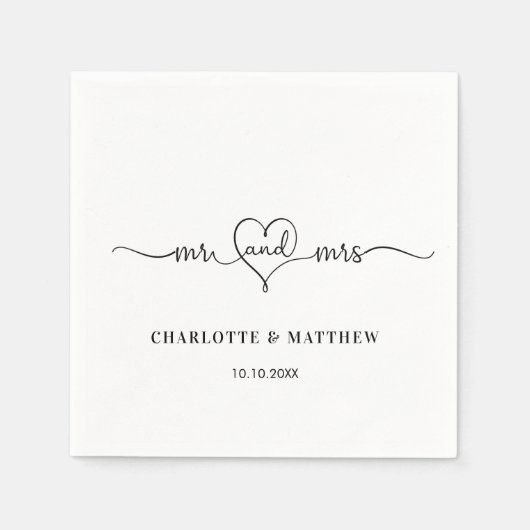 Serviette En Papier Mariage blanc m. mme heart script simple (Devant)