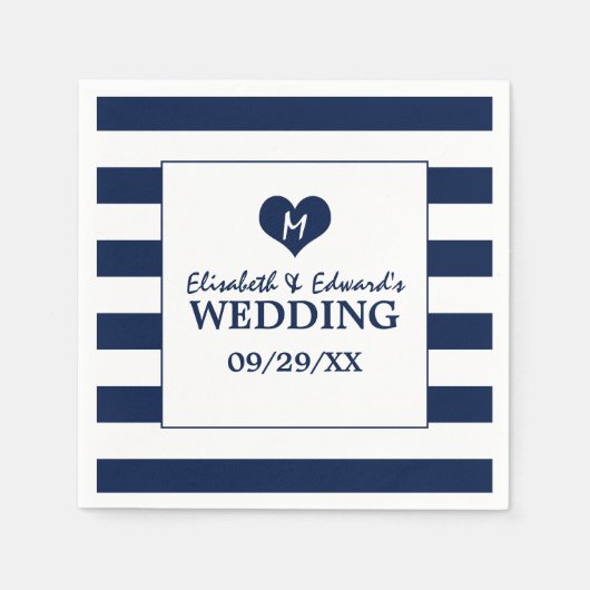Serviette En Papier Mariage bleu et blanc de la marine moderne chic (Devant)