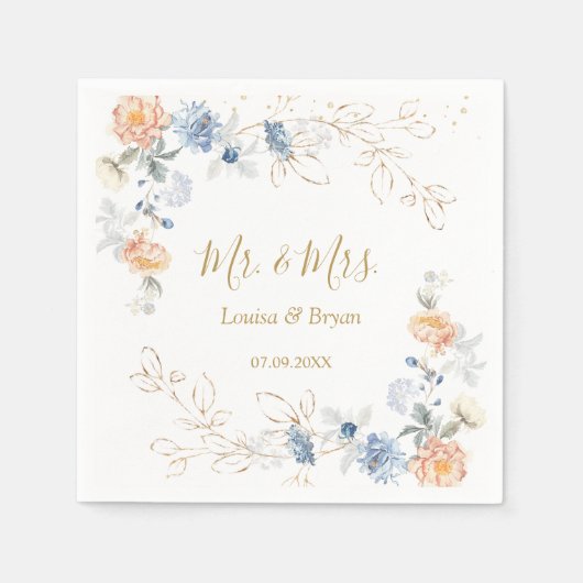 Serviette En Papier Mariage bleu floral brun (Devant)