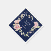 Serviette En Papier Mariage bleu marine à fleurs rose pâle (Coin)