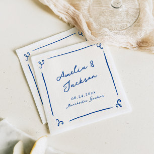 Serviette En Papier Mariage Bleu Marine Dessiné à la Main avec Fantais