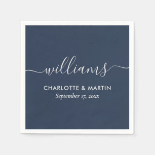 Serviette En Papier Mariage bleu marine moderne et argent