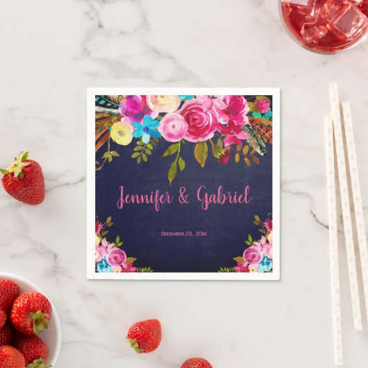 Serviette En Papier Mariage bleu marine rose printemps moderne (En situation)