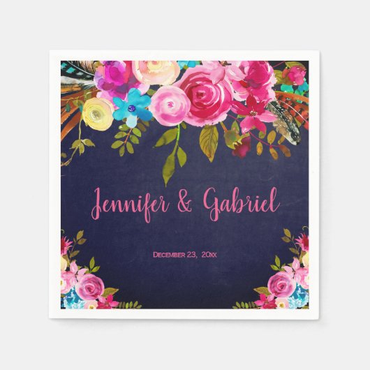 Serviette En Papier Mariage bleu marine rose printemps moderne (Devant)
