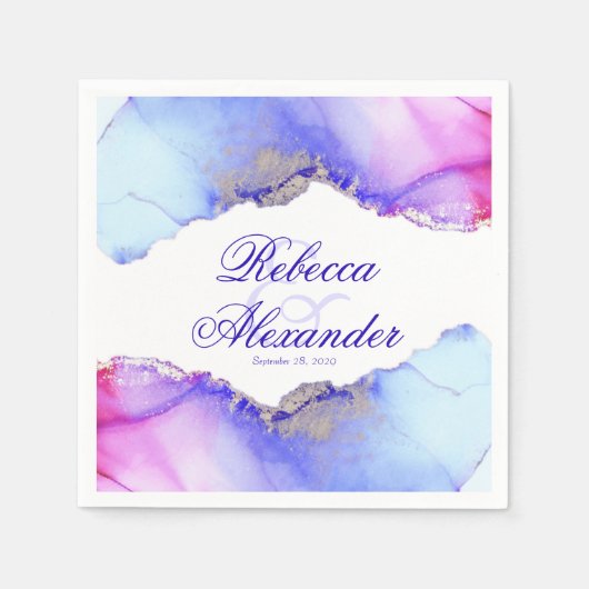 Serviette En Papier Mariage bleu rose Abstrait (Devant)