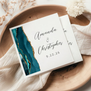 Serviette En Papier Mariage bleu sarcelle agate or écriture