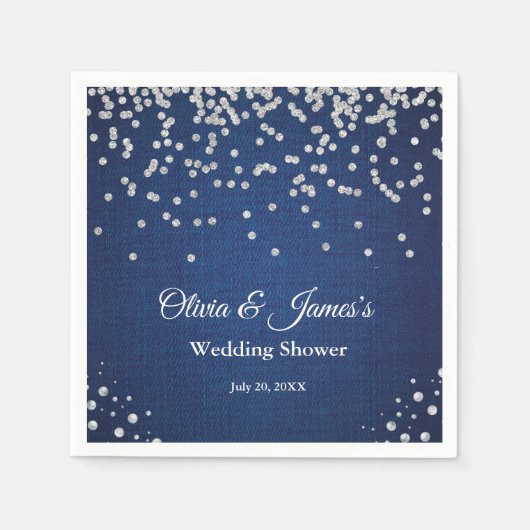 Serviette En Papier Mariage Blue Denim Diamants Perles Couple Shower (Devant)