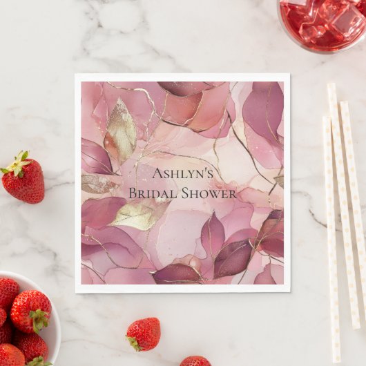 Serviette En Papier Mariage Blush Rose Feuilles D'or (En situation)