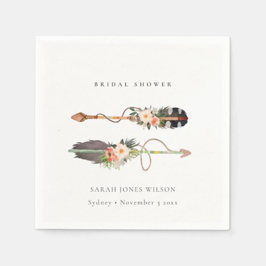 Serviette En Papier Mariage bohème rustique avec plume florale et flèc (Devant)