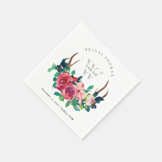 Serviette En Papier Mariage Bohème Rustique Fleurs Rouges Bois de Cerf (Coin)