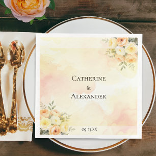 Serviette En Papier Mariage Bohème Rustique Roses Aquarelles