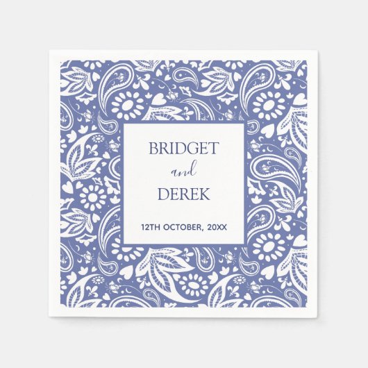 Serviette En Papier Mariage Boho Chic Bleu et Blanc Customisé (Devant)