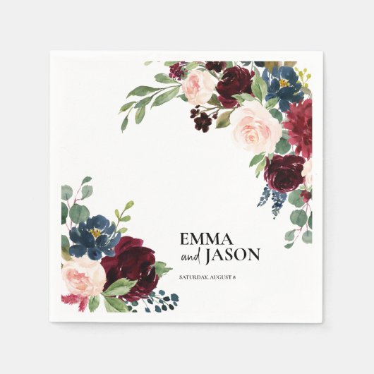 Serviette En Papier Mariage Boho Floral Bourgogne Blush (Devant)