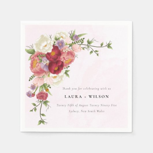 Serviette En Papier Mariage Boho rouge rose vif Fleurs blanches (Devant)