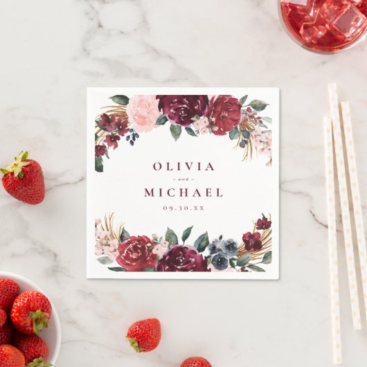 Serviette En Papier Mariage boho rustique bordeaux aquarelle (En situation)