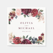 Serviette En Papier Mariage boho rustique bordeaux aquarelle (Devant)